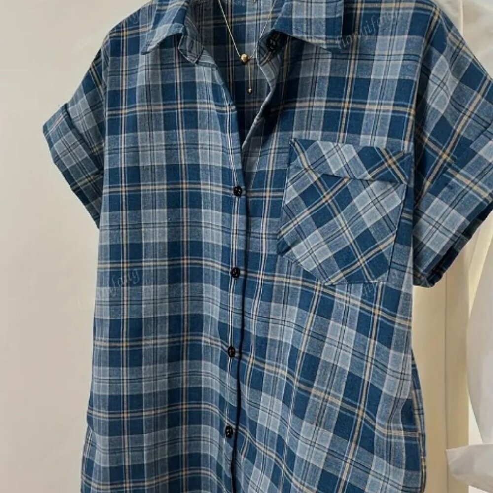 Blue plaid button up shirt (2 for $10 )